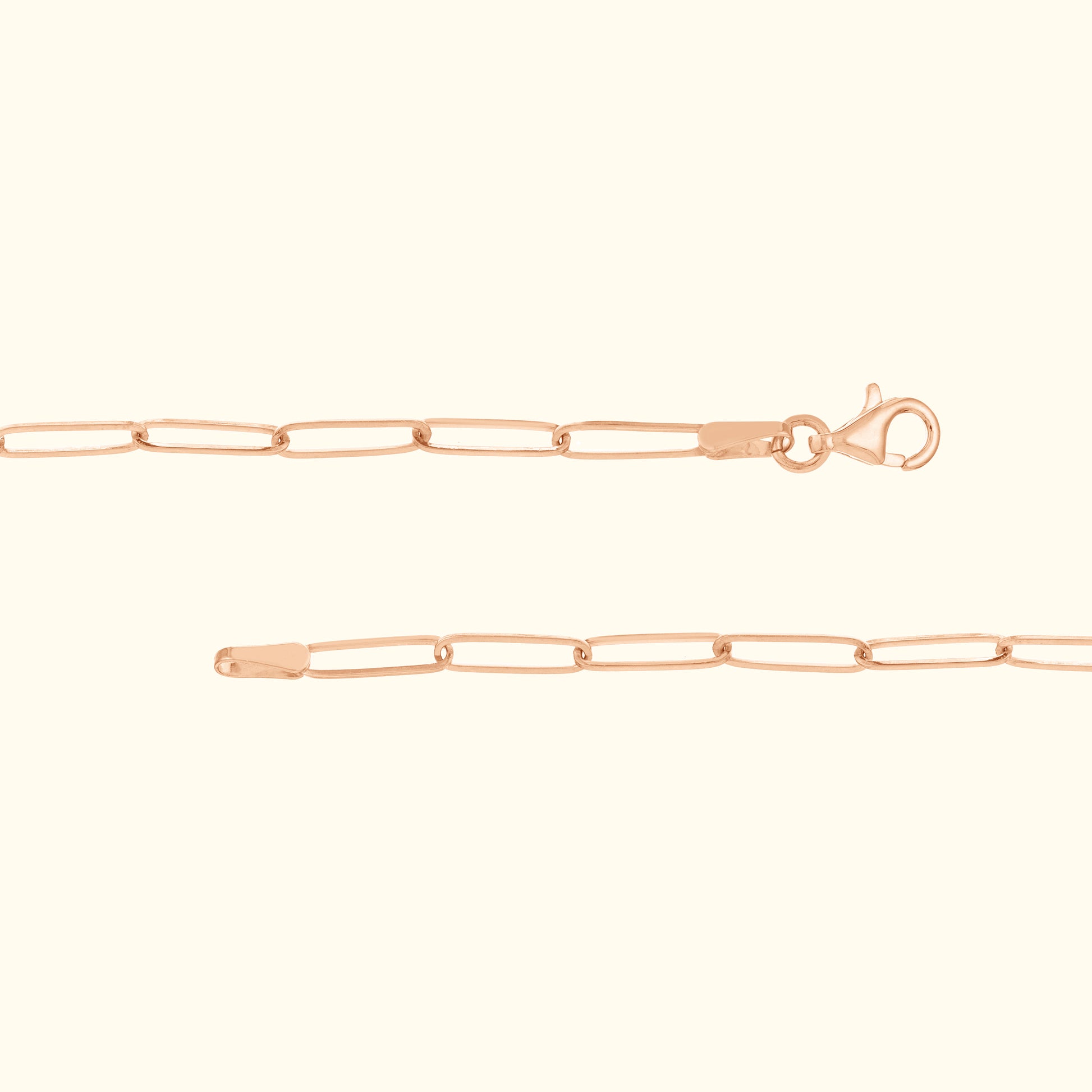 Slim rose gold chain with lobster clasp and elongated links.