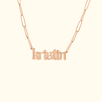 Rose gold necklace featuring a name pendant styled as "kristin".