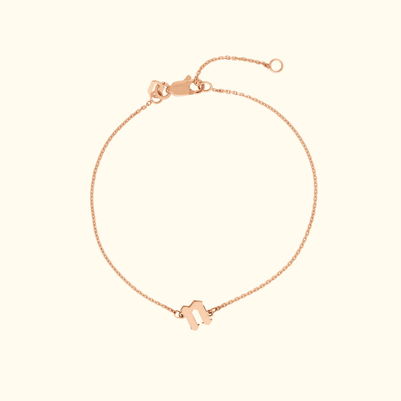 Delicate rose gold bracelet with a simple charm and adjustable clasp.