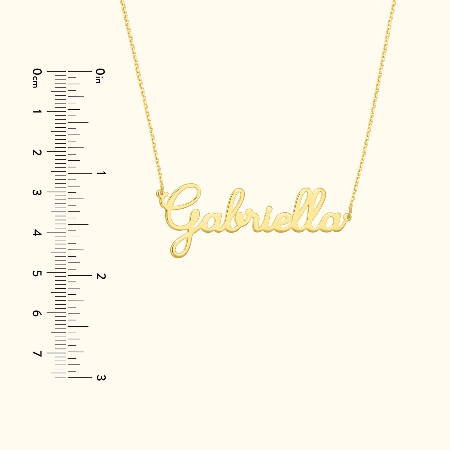 Stylish gold necklace featuring the name "Gabriella" in cursive lettering.