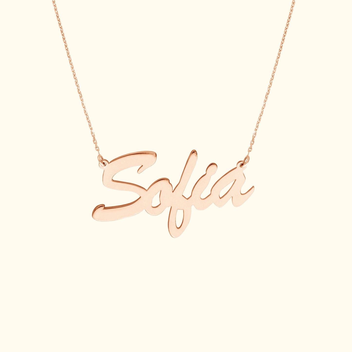 Rose gold necklace with the cursive name "Sofia" elegantly displayed.