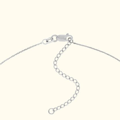 Close-up of a silver necklace clasp and chain, featuring a lobster clasp and adjustable links.