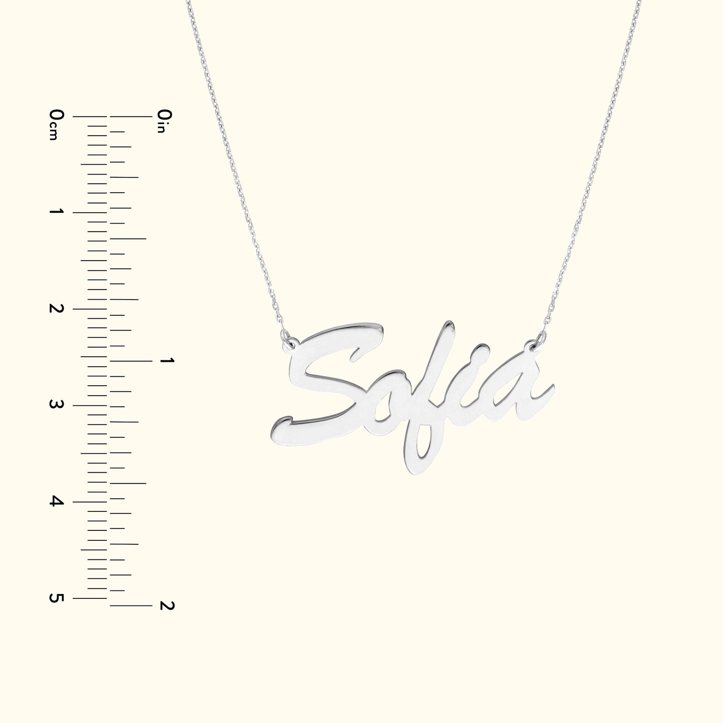 Stylish silver name necklace with the name "Sofia" in cursive lettering.