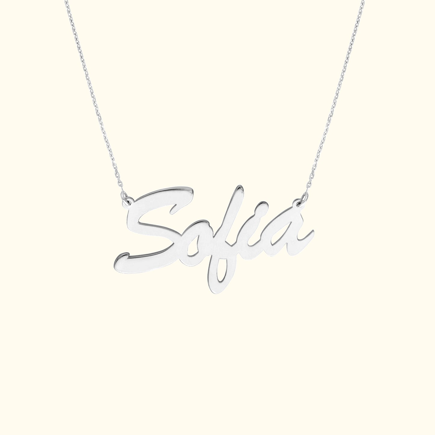 Silver necklace featuring the name "Sofia" in cursive script.