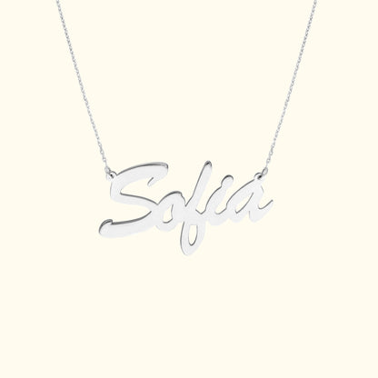 Silver necklace featuring the name "Sofia" in cursive script.