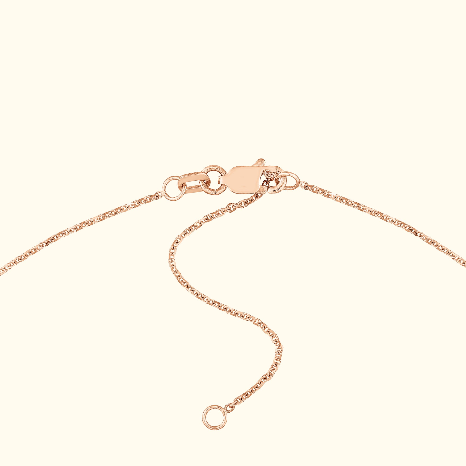 Delicate rose gold necklace with a lobster clasp and adjustable chain.