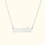 Silver name necklace spelling "danielle" in decorative font, hanging on a delicate chain.