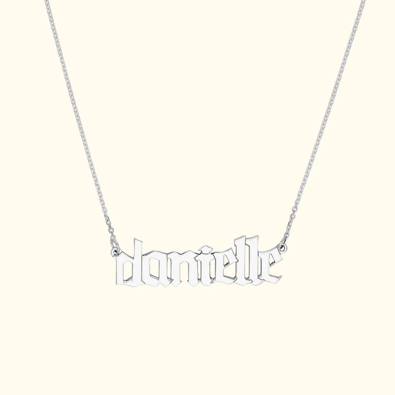 Silver name necklace spelling "danielle" in decorative font, hanging on a delicate chain.