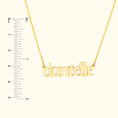 Gold name necklace featuring the name "danielle," with a measuring ruler on the side.