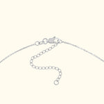 Close-up of a silver necklace clasp and adjustable chain links.
