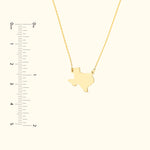 Gold necklace featuring a Texas-shaped pendant on a light background.