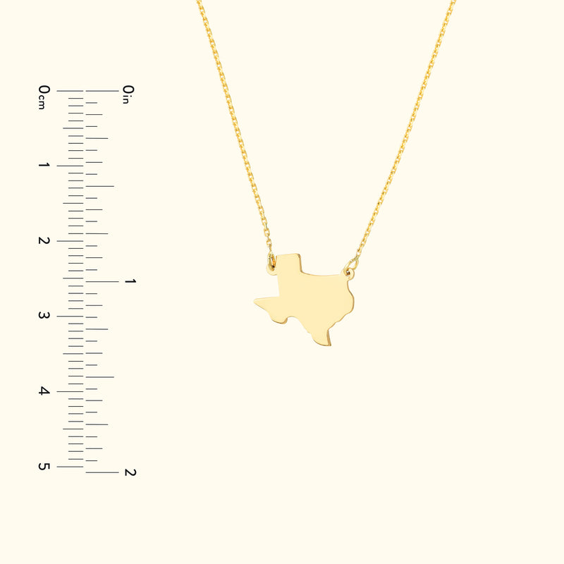 Gold necklace featuring a Texas-shaped pendant on a light background.