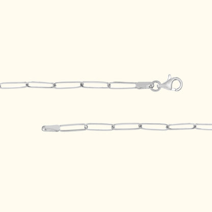 Silver chain necklace with a lobster clasp, featuring elongated links.