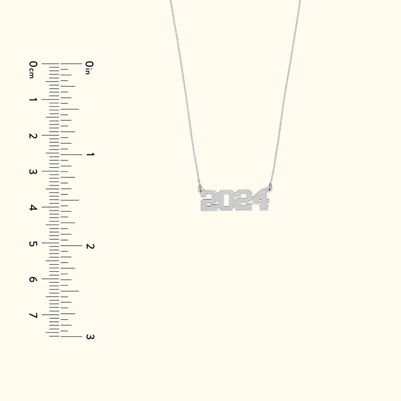 Silver necklace featuring the numbers "2024" as the pendant.