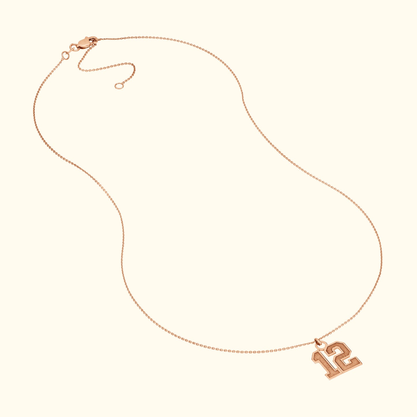 Rose gold necklace featuring a pendant with the number "12."