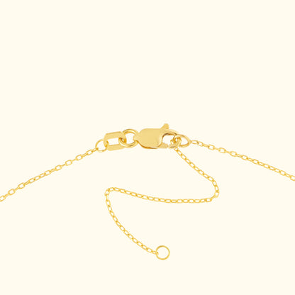 Close-up of a gold necklace clasp and chain against a light background.