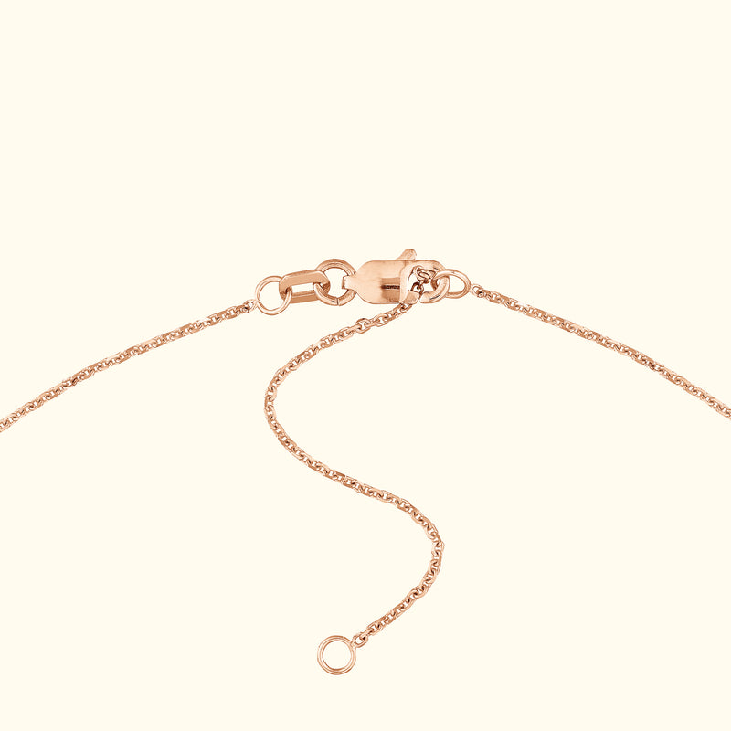 Close-up of a rose gold necklace clasp and chain.