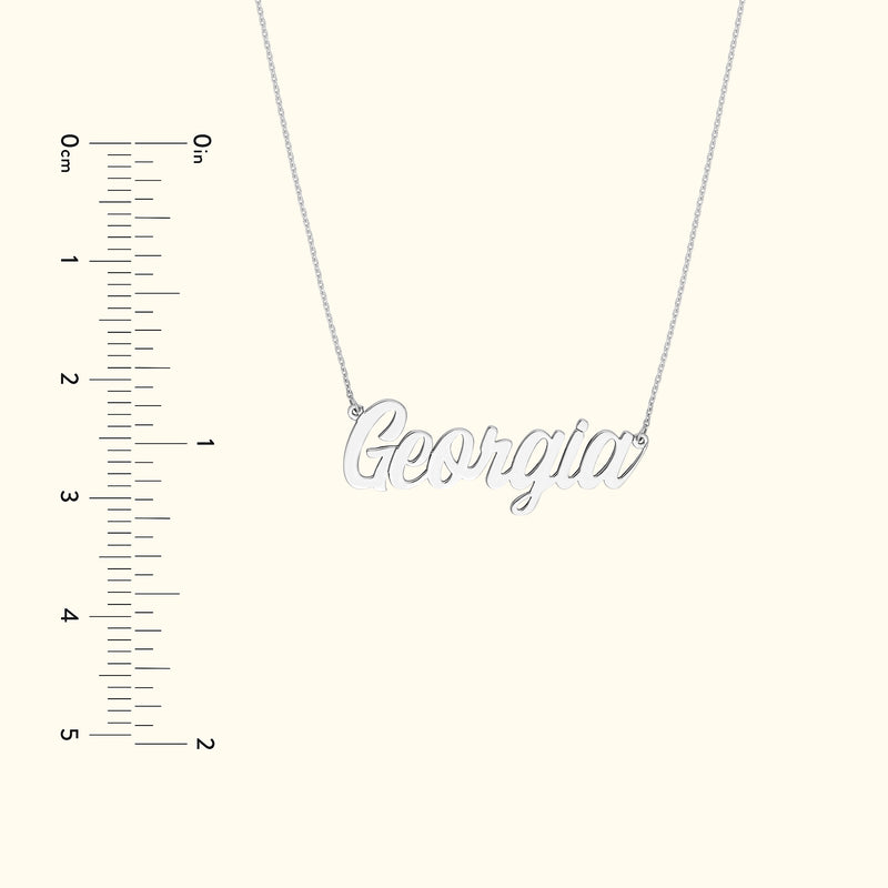 Silver name necklace with "Georgia" pendant on a delicate chain.
