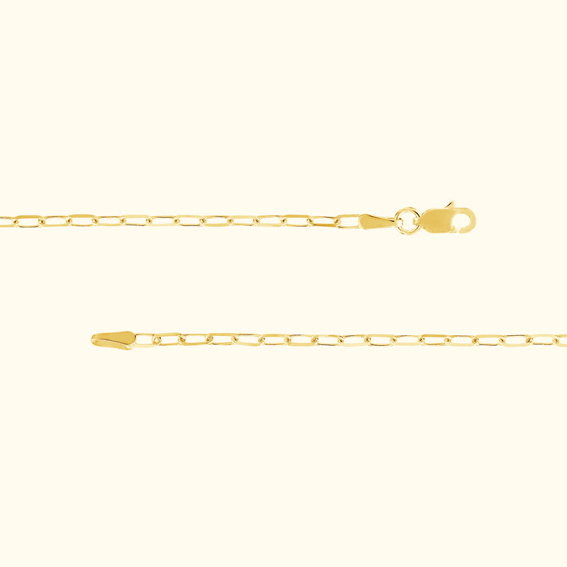 Delicate gold chain with a lobster clasp, displayed against a light background.