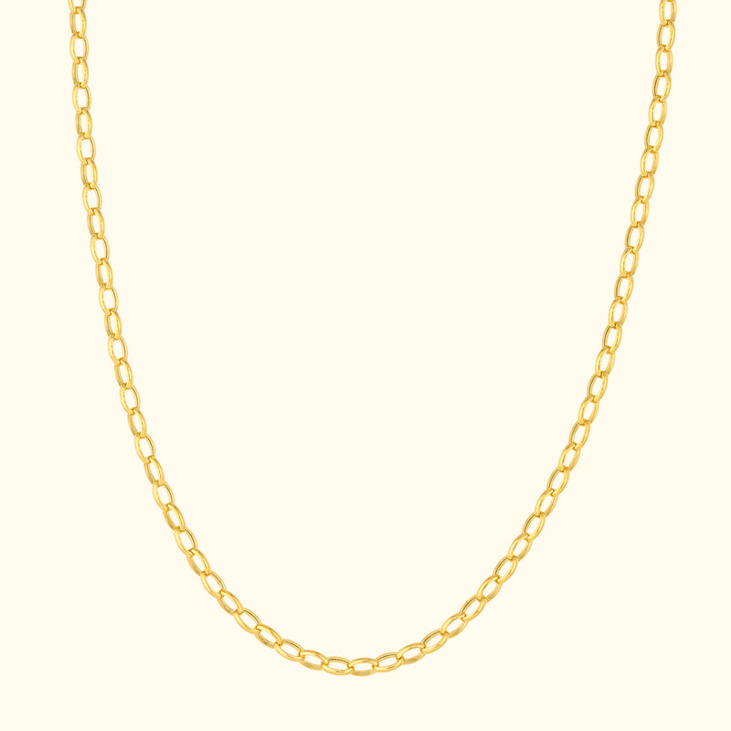 Simple gold chain necklace with elongated links against a light background.