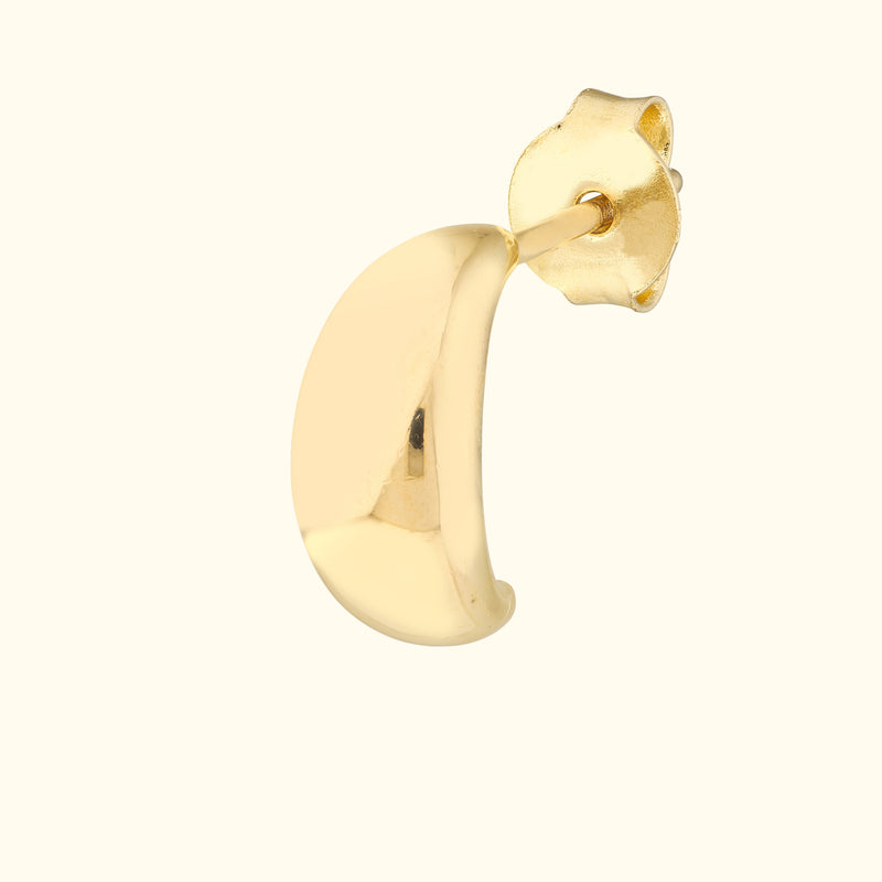 Shiny gold hoop earring with a smooth, curved design and a secure backing.