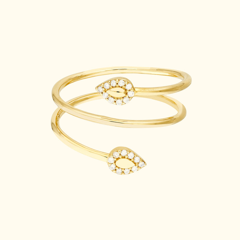Gold double-band ring with diamond-studded leaf accents.