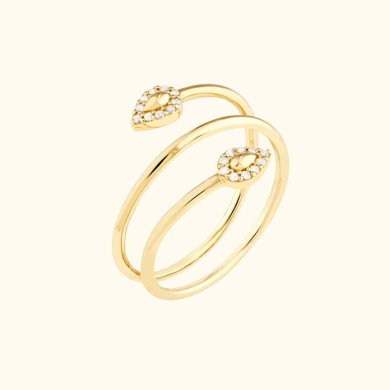 Gold open ring with two leaf motifs adorned with small diamonds.