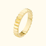 Gold band ring with a textured, stepped design.