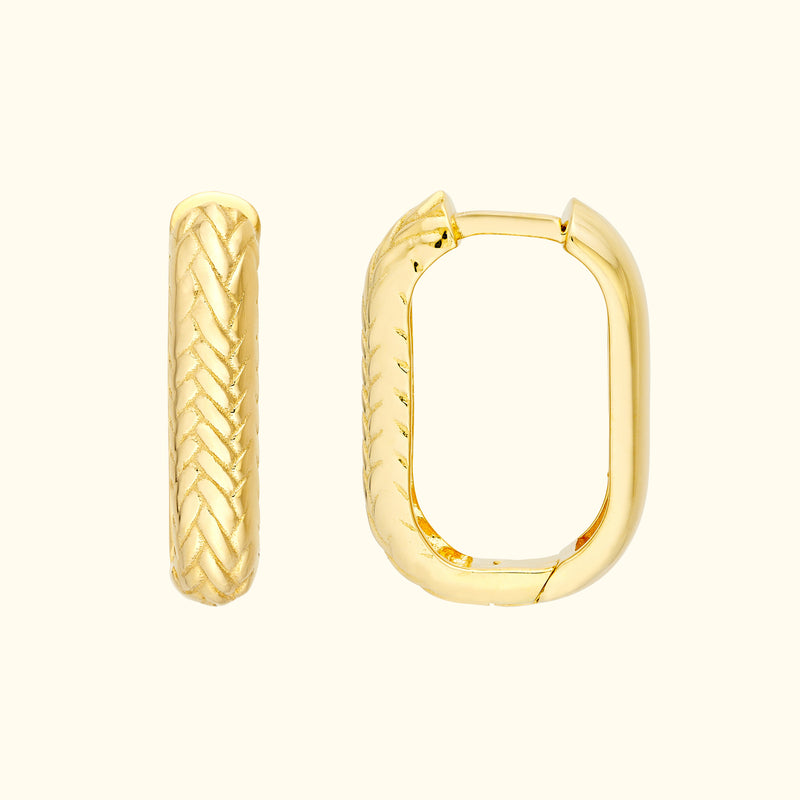 Gold hoop earrings with a braided texture and smooth finish.