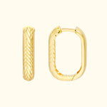 Gold hoop earrings with a braided texture and a smooth finish.