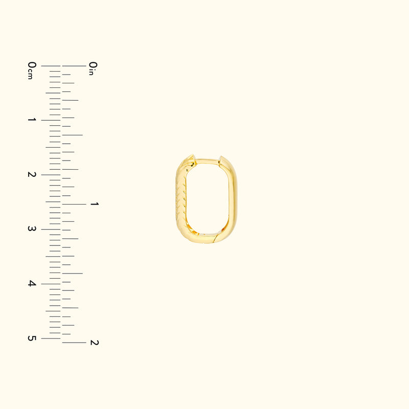 Gold hoop earring with a textured edge, displayed against a light background.