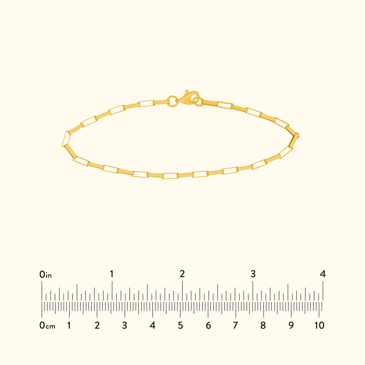 Gold chain bracelet with rectangular links and a lobster clasp.