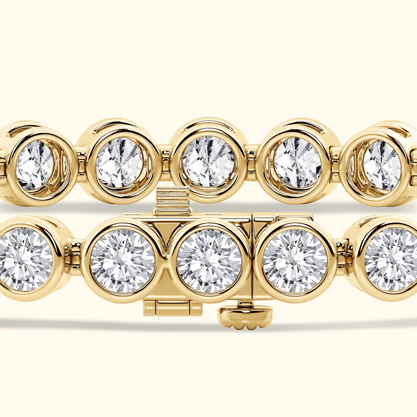 Gold bracelet featuring circular settings with sparkling clear diamonds.