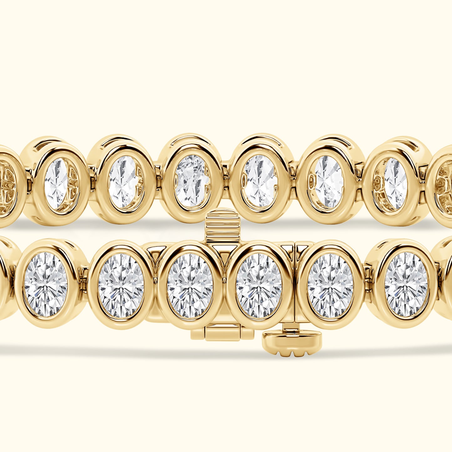 Gold bracelet with alternating oval and round diamonds, showcasing a sparkling design.