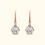 Elegant hexagonal earrings with clear stones, set in rose gold.