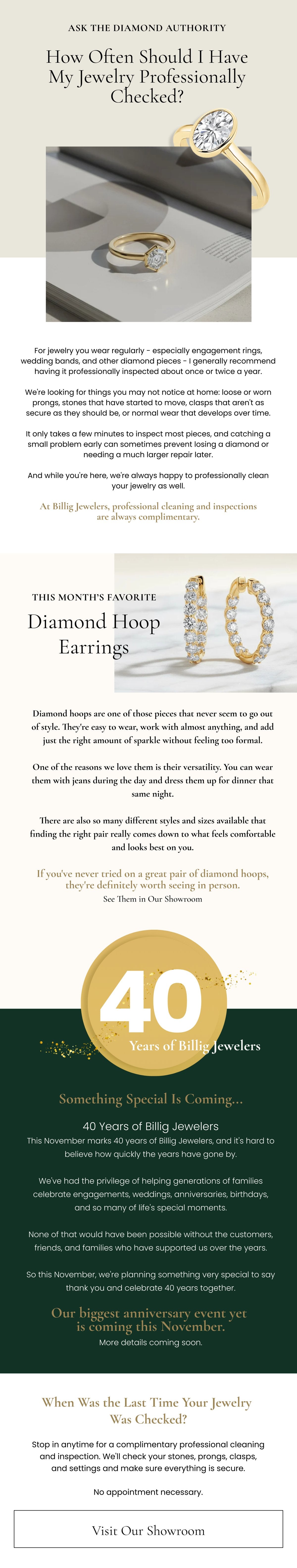 Ask the Diamond Authority: How often should I have my jewelry professionally checked? Plus this month's favorite diamond hoop earrings and 40 years of Billig Jewelers